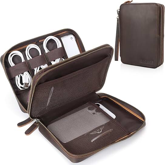Full Grain Leather Travel Cable Organizer with Double Layer Compartments