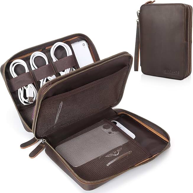 Full Grain Leather Travel Cable Organizer with Double Layer Compartments