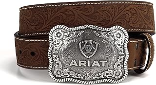Men's Aged Bark Leather Belt with Floral Embossed and Silver Buckle