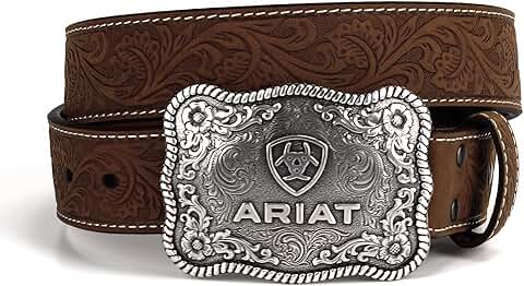 Men's Aged Bark Leather Belt with Floral Embossed and Silver Buckle
