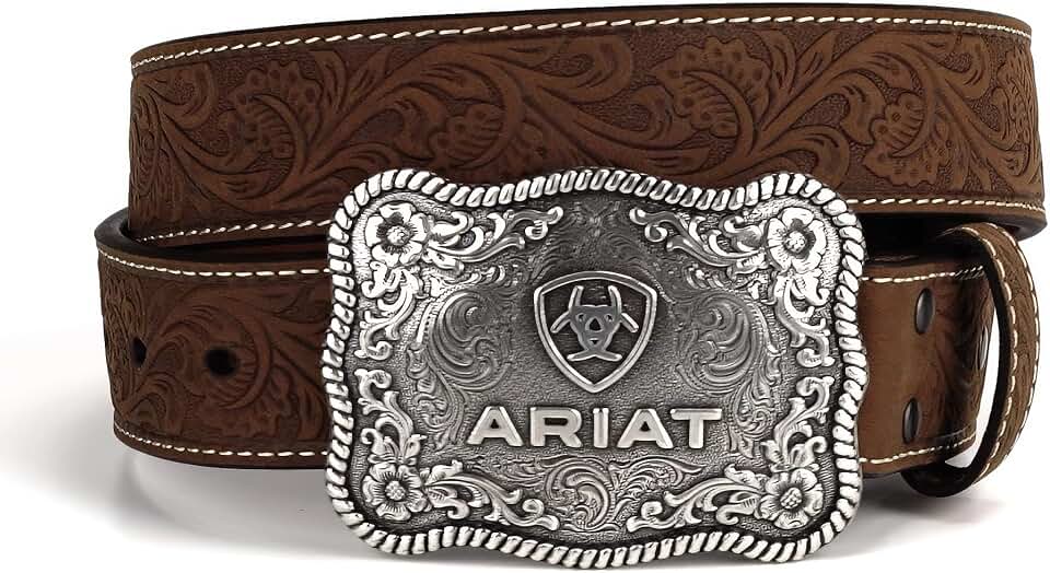 Men's Aged Bark Leather Belt with Floral Embossed and Silver Buckle