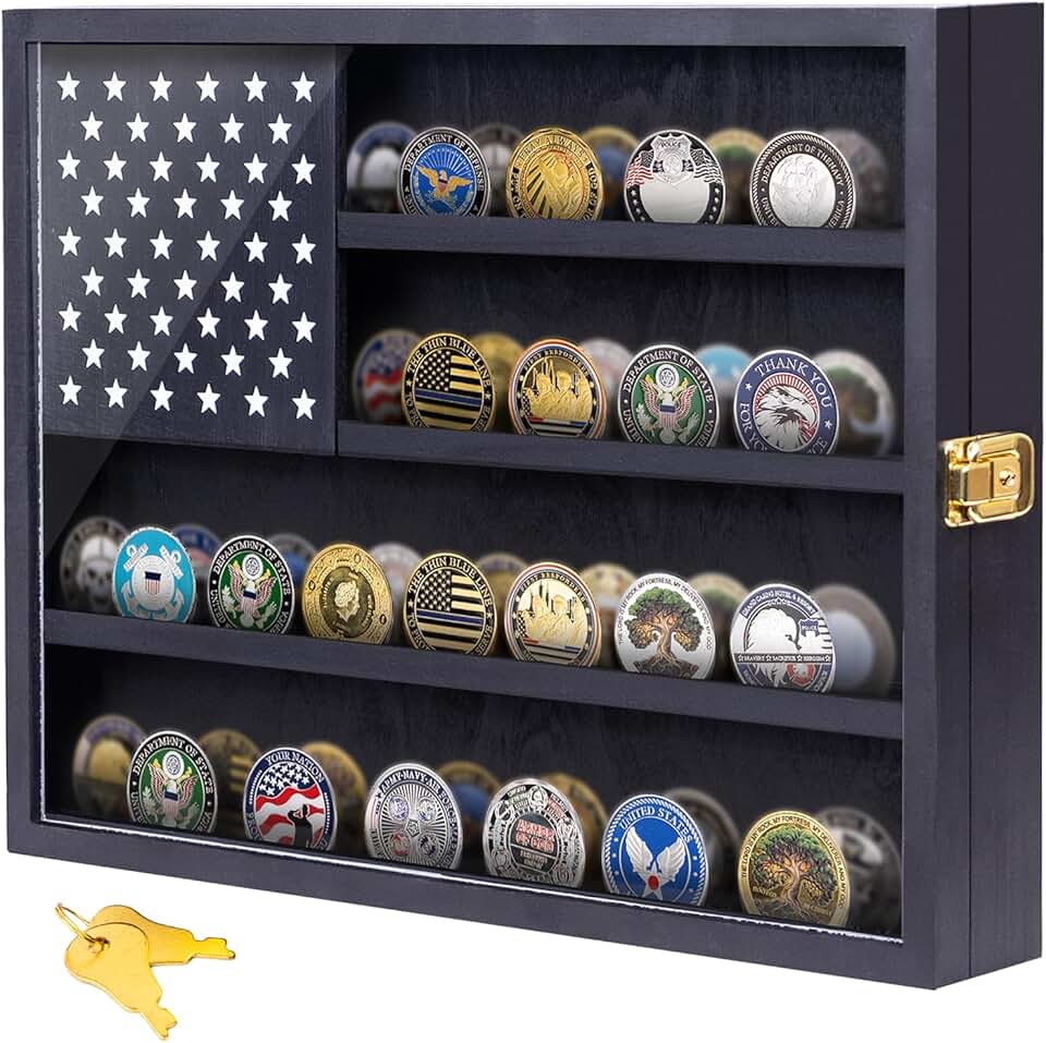 Wooden American Flag Shadow Box with Lock and Shelves