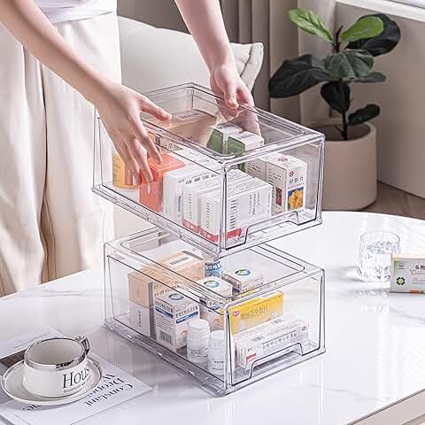 Two Clear Stackable Drawer Organizers for Home and Office