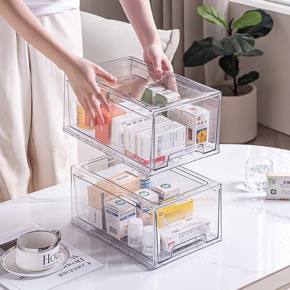 Two Clear Stackable Drawer Organizers for Home and Office