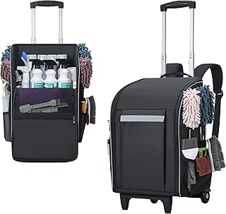 Large Rolling Cleaning Supply Organizer with Backpack and Trolley