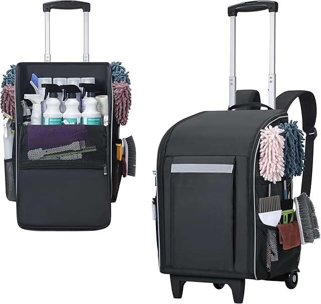 Large Rolling Cleaning Supply Organizer with Backpack and Trolley
