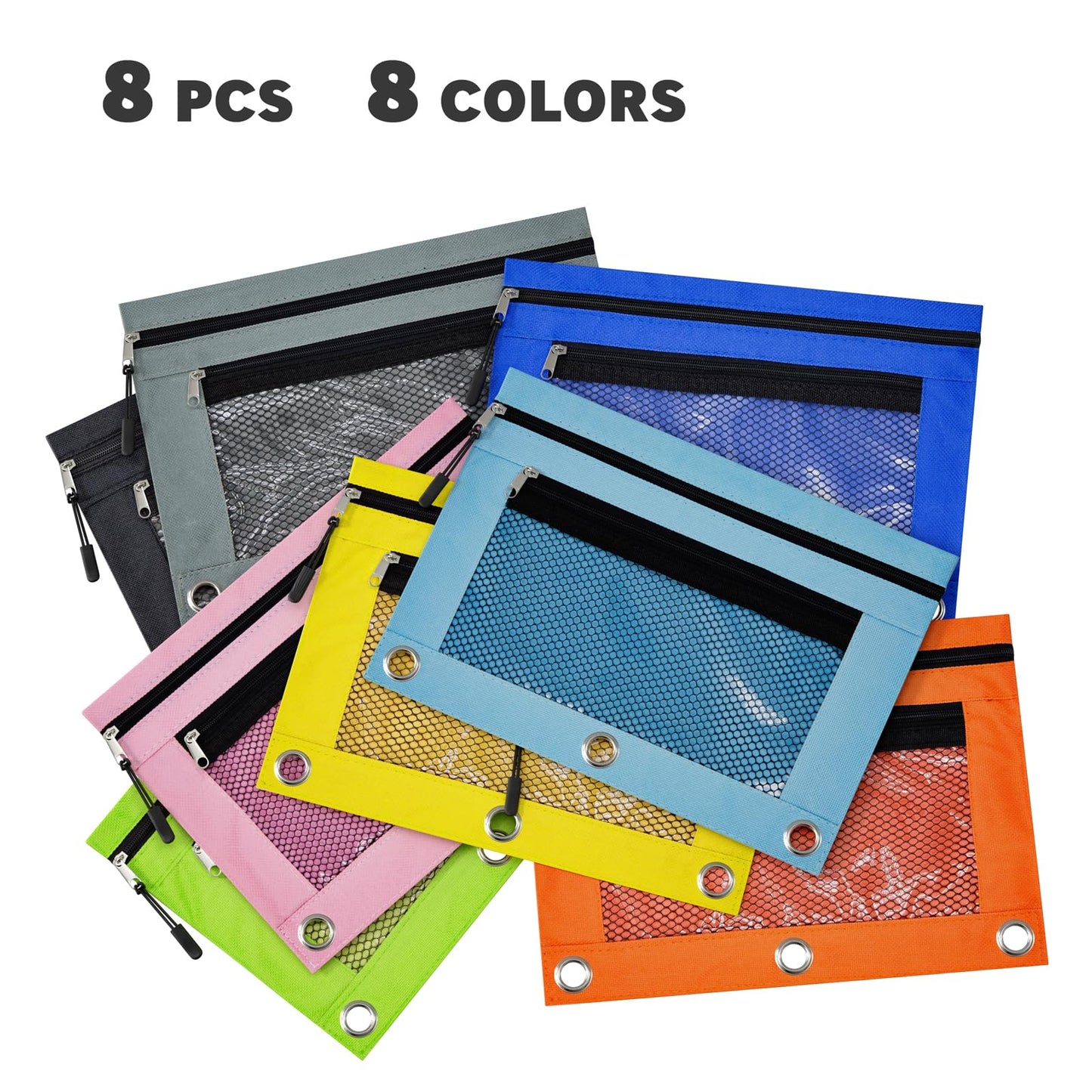 8-Pack Multi-Color 3-Ring Pencil Pouches with Zipper