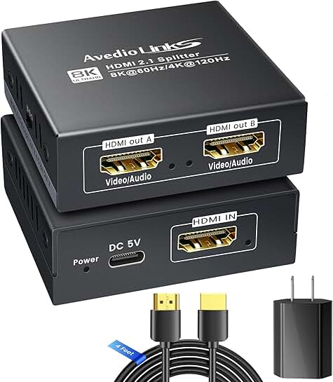 HDMI 2.1 Splitter 1 in 2 Out 8K@60Hz with 4ft HDMI Cable