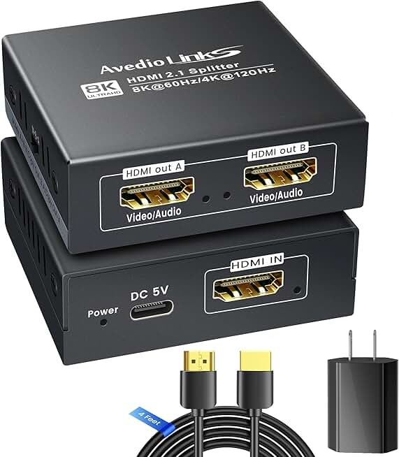 HDMI 2.1 Splitter 1 in 2 Out 8K@60Hz with 4ft HDMI Cable