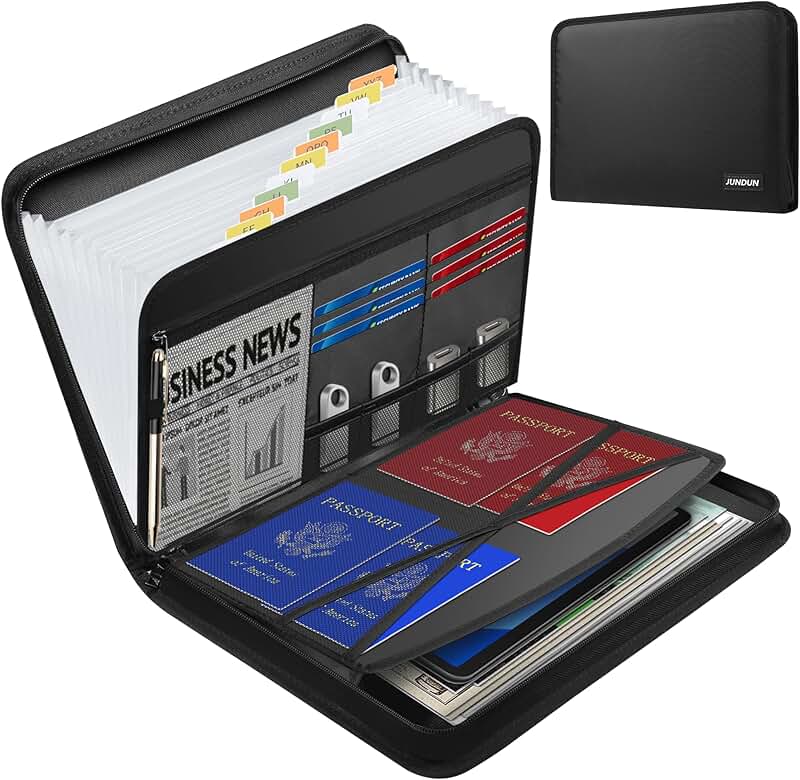 Fireproof Accordion File Organizer with Zipper and Labels