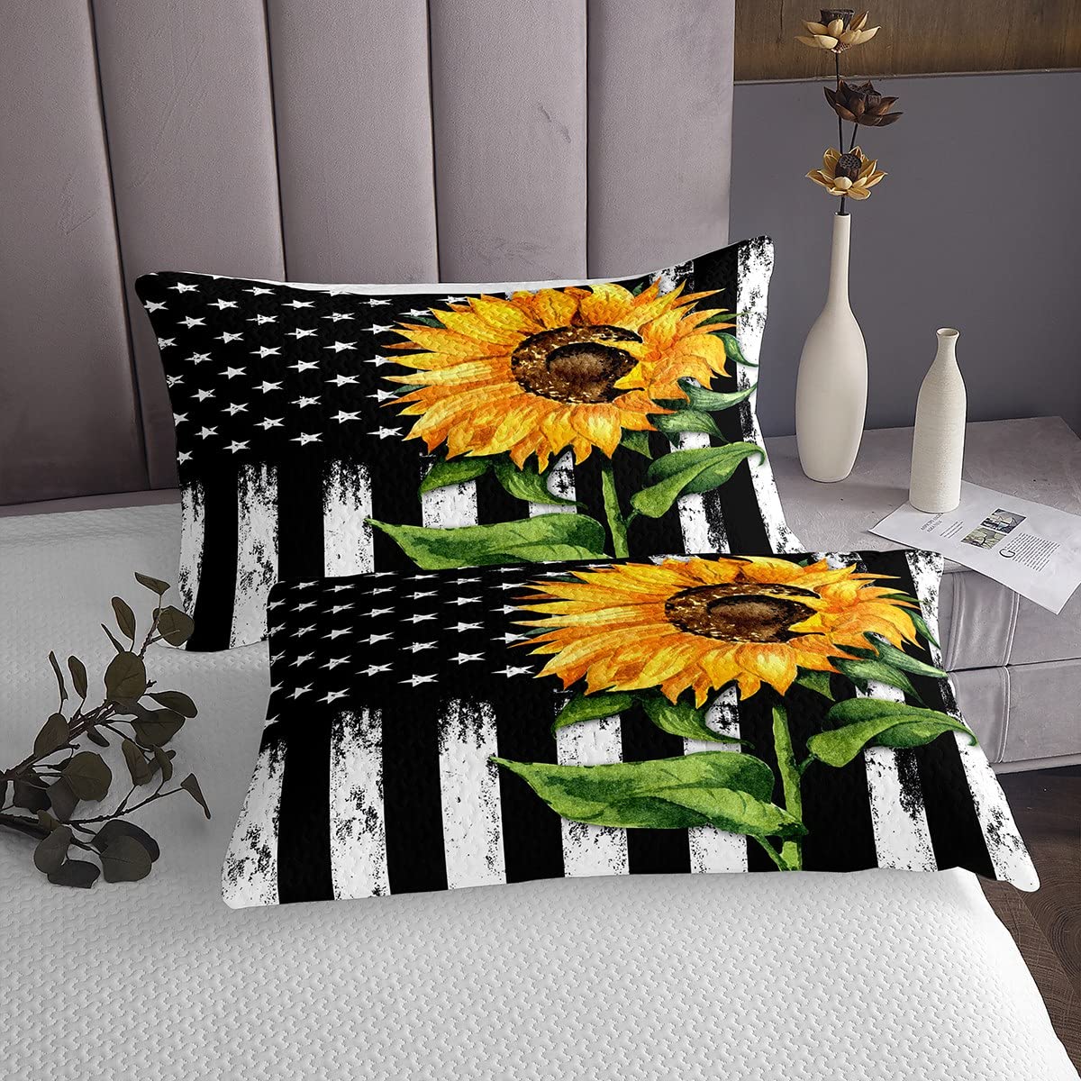 Flag Bedspread Sunflower Coverlet Set Military Themed Quilted for Kids Girls Boys Bedroom Green Leaves Yellow Flowers Bedspread Quilt Set with 2 Pillow Cases King Size