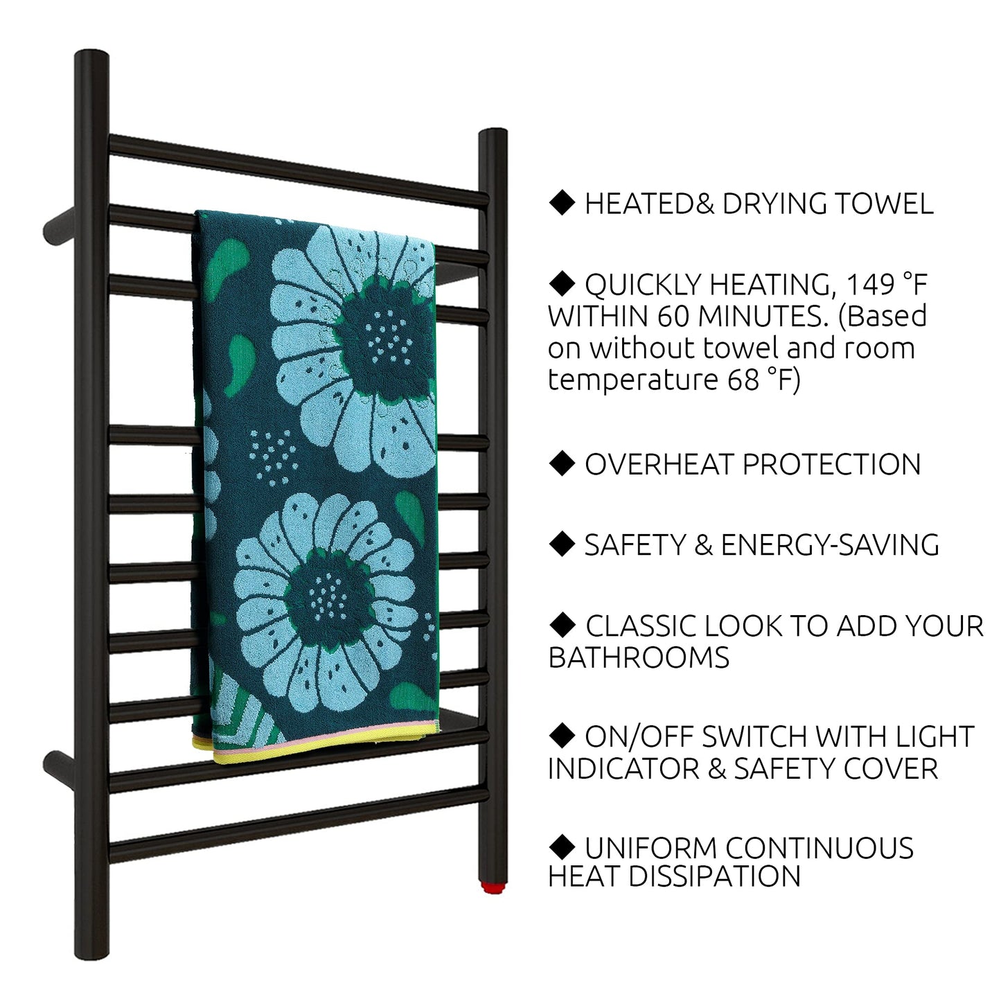 HEAT E Towel Warmer, Compact Electric Towel Warmer for Small Bathroom, Wall-Mounted Electric Towel Racks, Plug-in/Hardwired Electric Towel Rails  4-Supports Matte Black