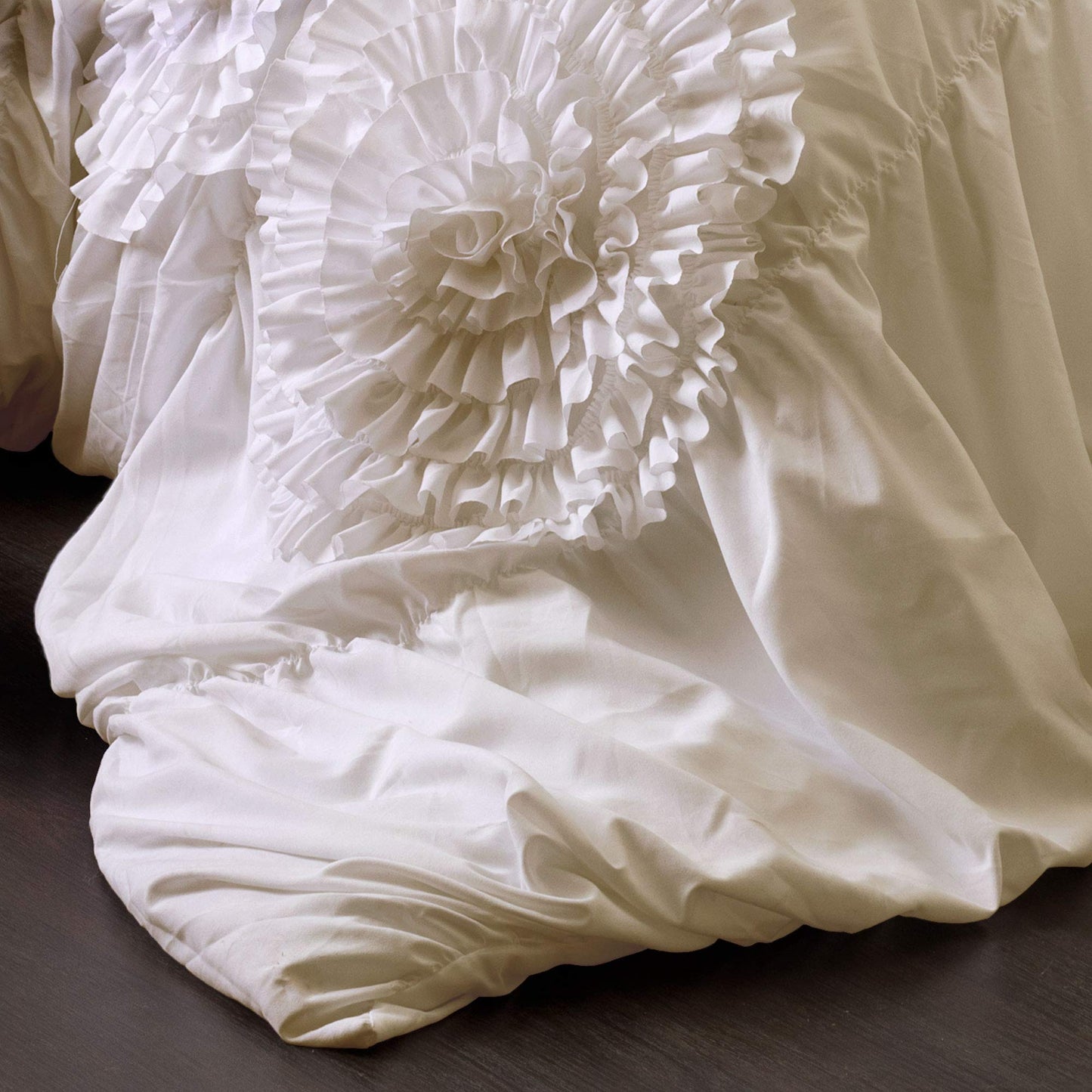 Serena Comforter Ivory Ruched Flower 3 Piece Set, Full/Queen