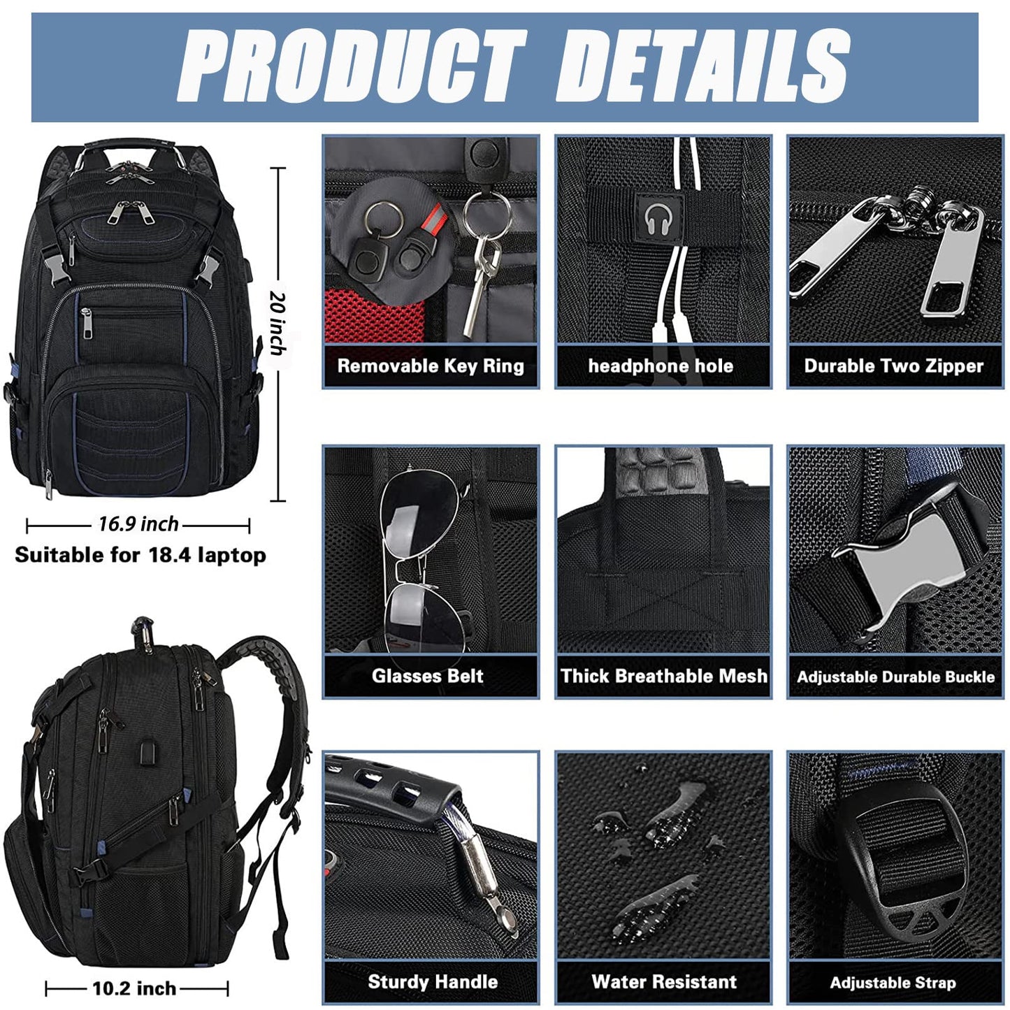 18.4 Inch Laptop Backpack, Extra Large Travel Backpack with USB Charger Port for Men Women, 60L Big Capacity Heavy Duty Computer Bag TSA Friendly RFID Anti Theft Pocket Durable College School Bookbag