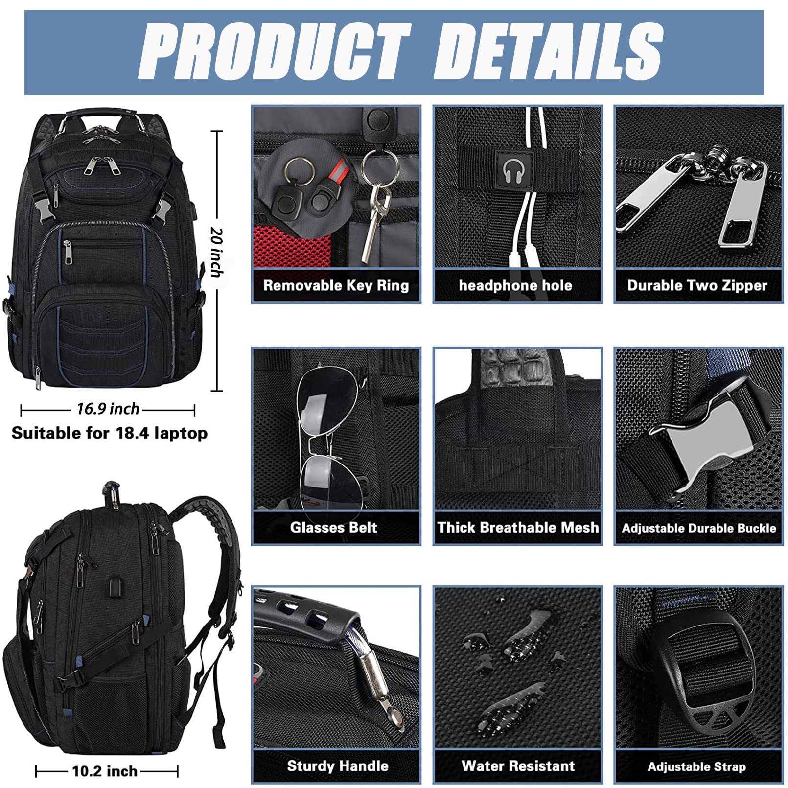18.4 Inch Laptop Backpack, Extra Large Travel Backpack with USB Charger Port for Men Women, 60L Big Capacity Heavy Duty Computer Bag TSA Friendly RFID Anti Theft Pocket Durable College School Bookbag