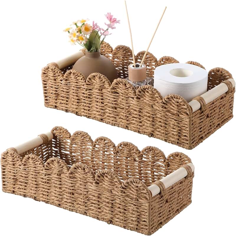 Two Beige Toilet Tank Baskets with Wooden Handles