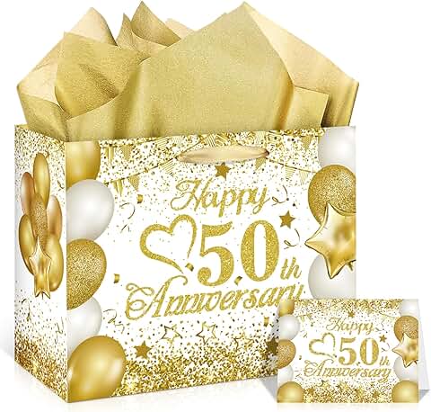 White Gold 50th Anniversary Gift Bag with Tissue and Card