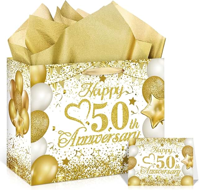 White Gold 50th Anniversary Gift Bag with Tissue and Card