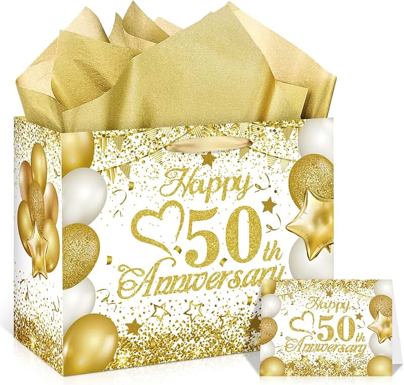 White Gold 50th Anniversary Gift Bag with Tissue and Card