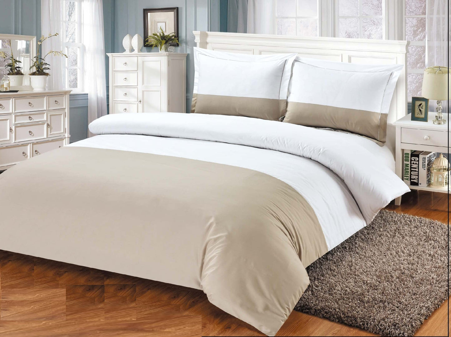 French Sateen Hotel Pattern, Ultra Soft 300 Thread Count  Cotton Sateen, Taupe, Twin 48-inch, 8 Piece Duvet Set, Bedding Duvet Cover Set for Two Beds