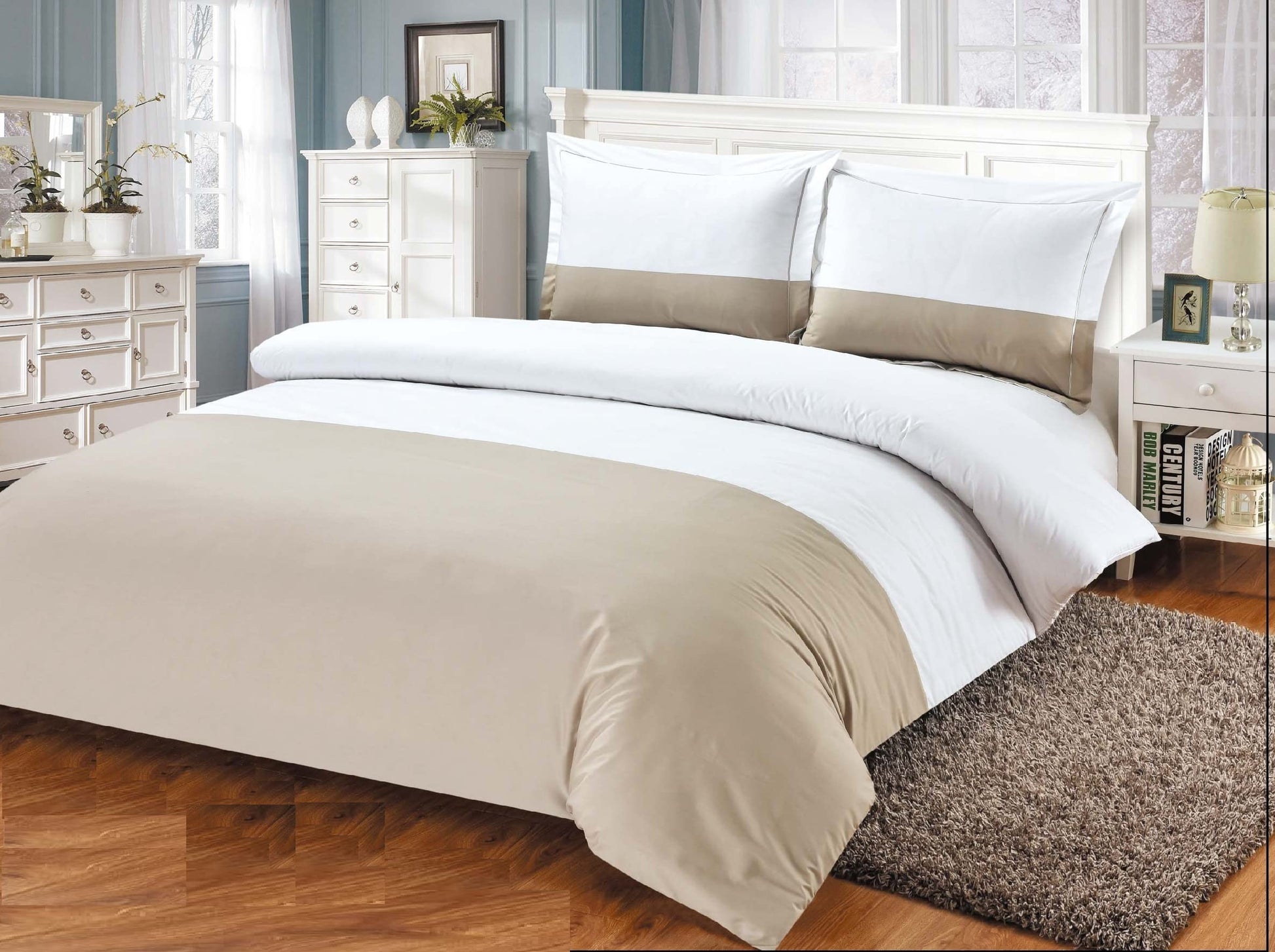 French Sateen Hotel Pattern, Ultra Soft 300 Thread Count  Cotton Sateen, Taupe, Twin 48-inch, 8 Piece Duvet Set, Bedding Duvet Cover Set for Two Beds