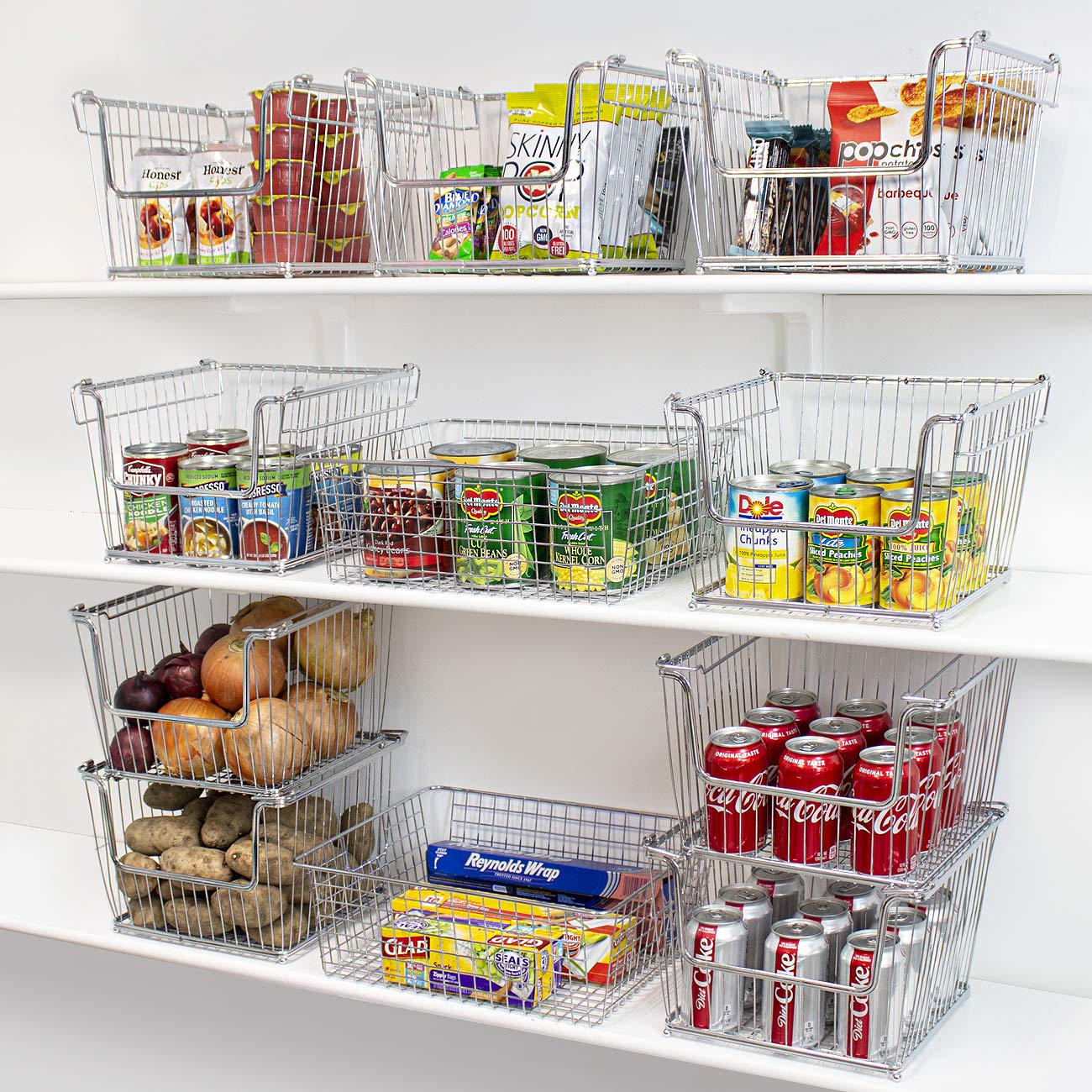 Wire Metal Basket Bin, Stackable Storage Baskets, Cubby Bins for Food, Kitchen, Home, ry Snack, Vegetable, Potato, Onion, Laundry Room, Office, Farmhouse 3-Pack, Silver)