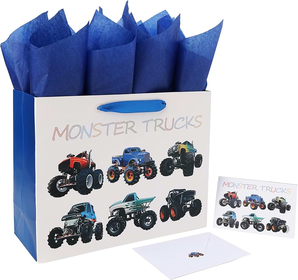 Large Monster Trucks Gift Bag with Card and Tissue