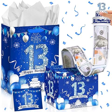 Blue 13th Birthday Gift Bag and Money Box for Boys