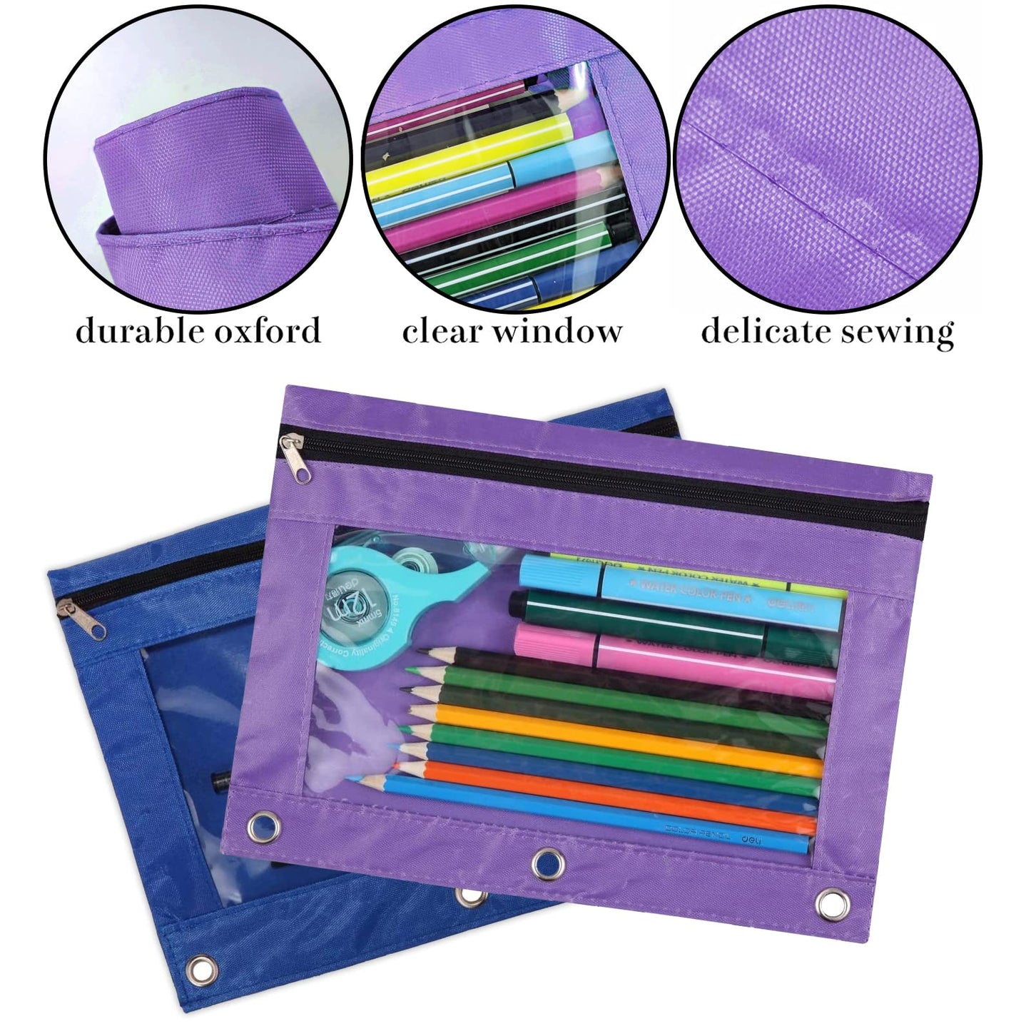 Blue 3-Ring Pencil Pouch with Clear Window