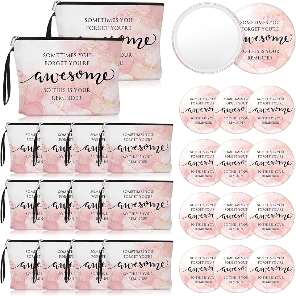 Pink Thank You Gift Set for Women with Makeup Bags and Mirrors