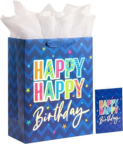 Large Blue Happy Birthday Gift Bag with Card and Tissue