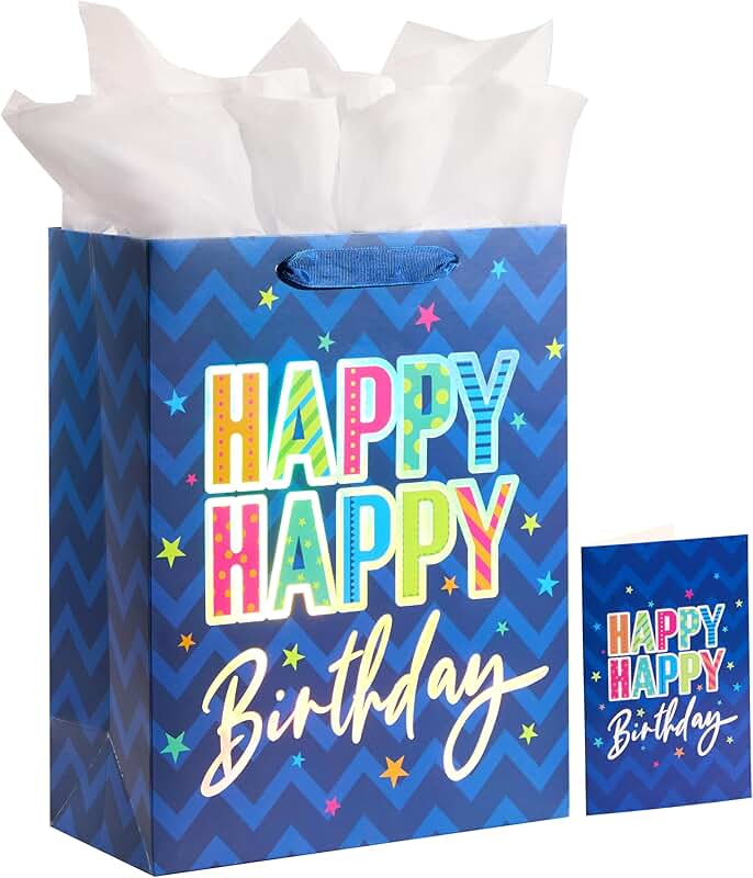 Large Blue Happy Birthday Gift Bag with Card and Tissue