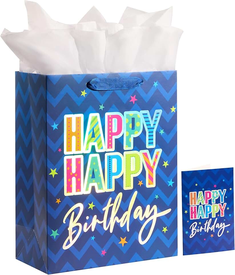 Large Blue Happy Birthday Gift Bag with Card and Tissue