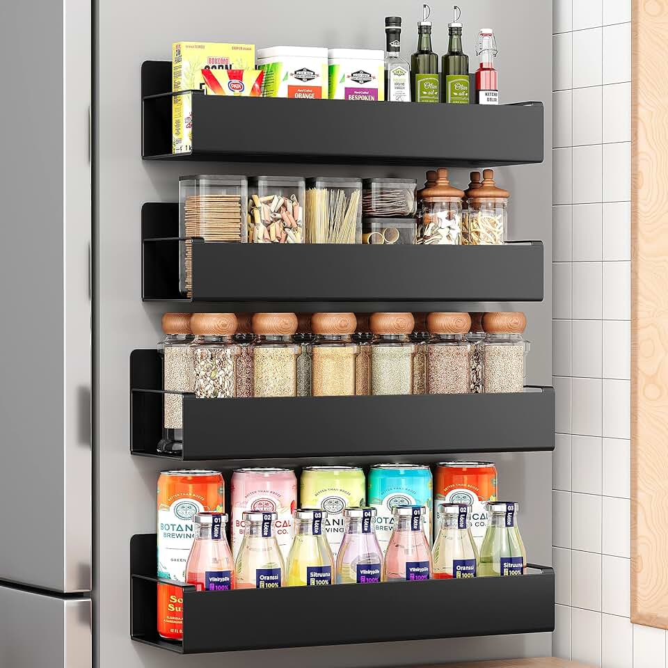 Set of four black magnetic spice racks