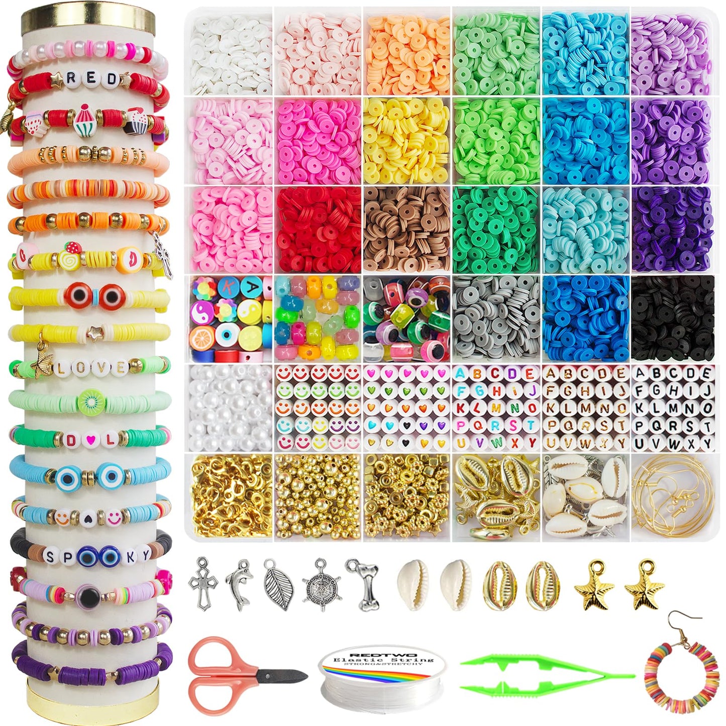 Clay Beads Bracelet Making Kit with Charms and Elastic Strings