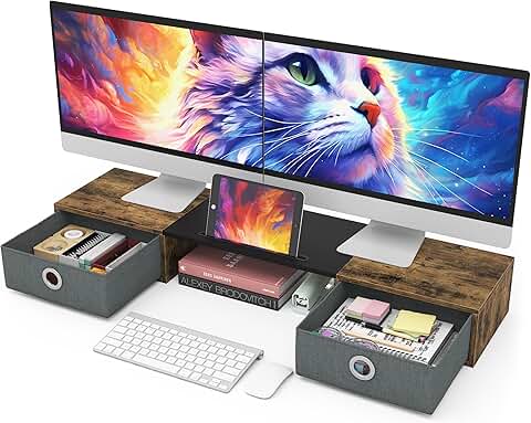 Dual Monitor Stand with Drawers and Large Storage
