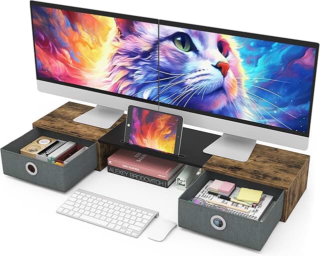 Dual Monitor Stand with Drawers and Large Storage