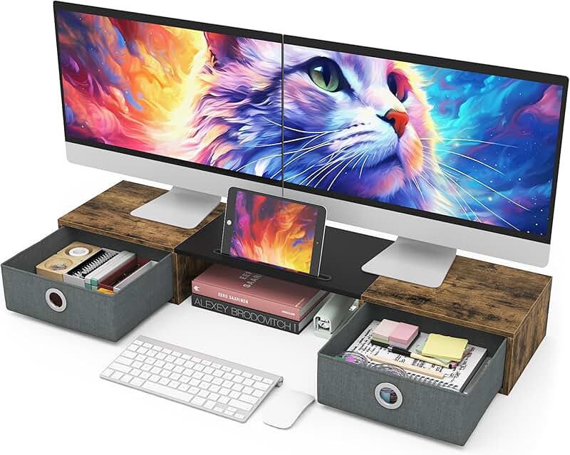 Dual Monitor Stand with Drawers and Large Storage