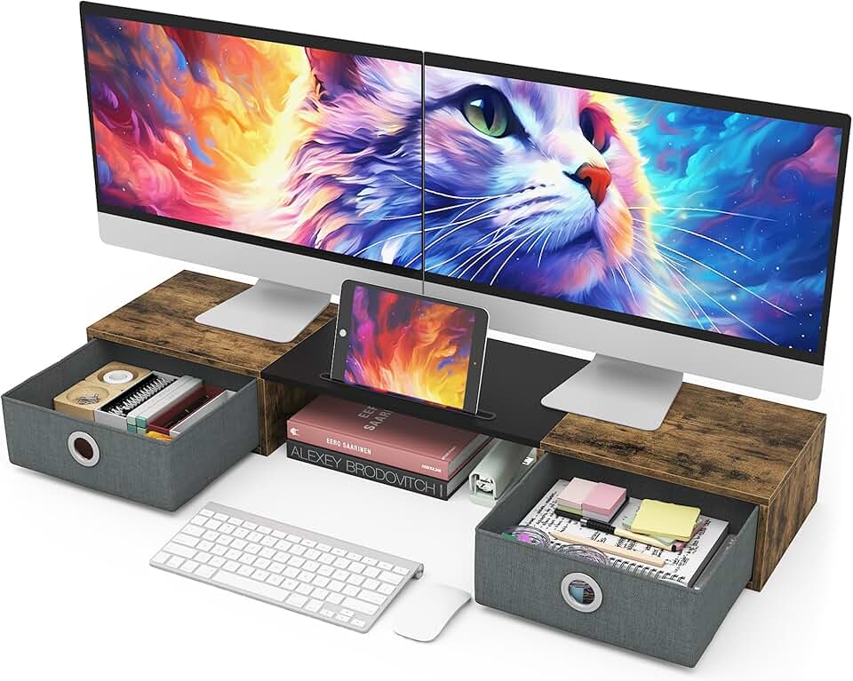 Dual Monitor Stand with Drawers and Large Storage