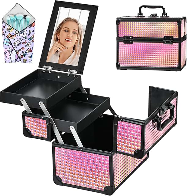 Portable Makeup Organizer with Trays in Black and Pink