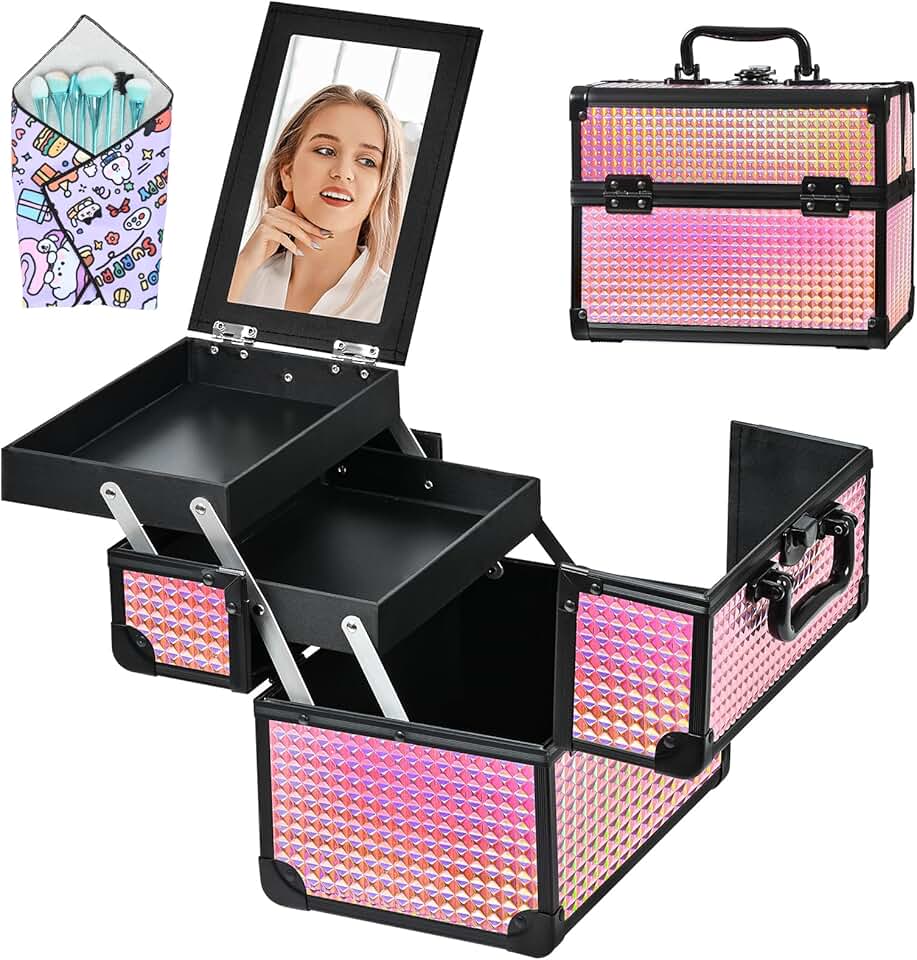 Portable Makeup Organizer with Trays in Black and Pink