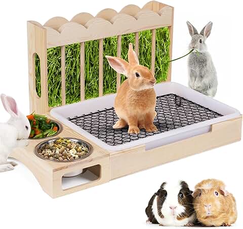 3-in-1 Wooden Hay and Litter Box Feeder for Small Pets