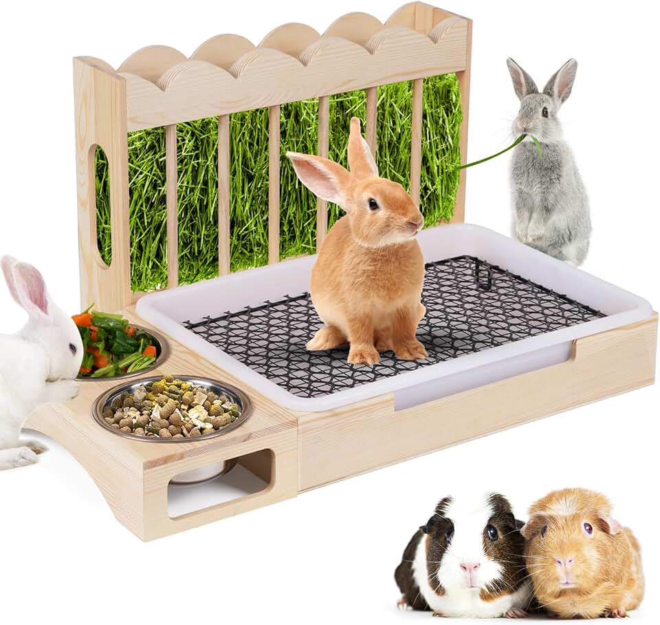 3-in-1 Wooden Hay and Litter Box Feeder for Small Pets