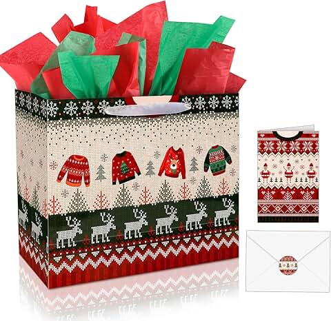 Large 13-inch Christmas Gift Bags with Tissue and Card