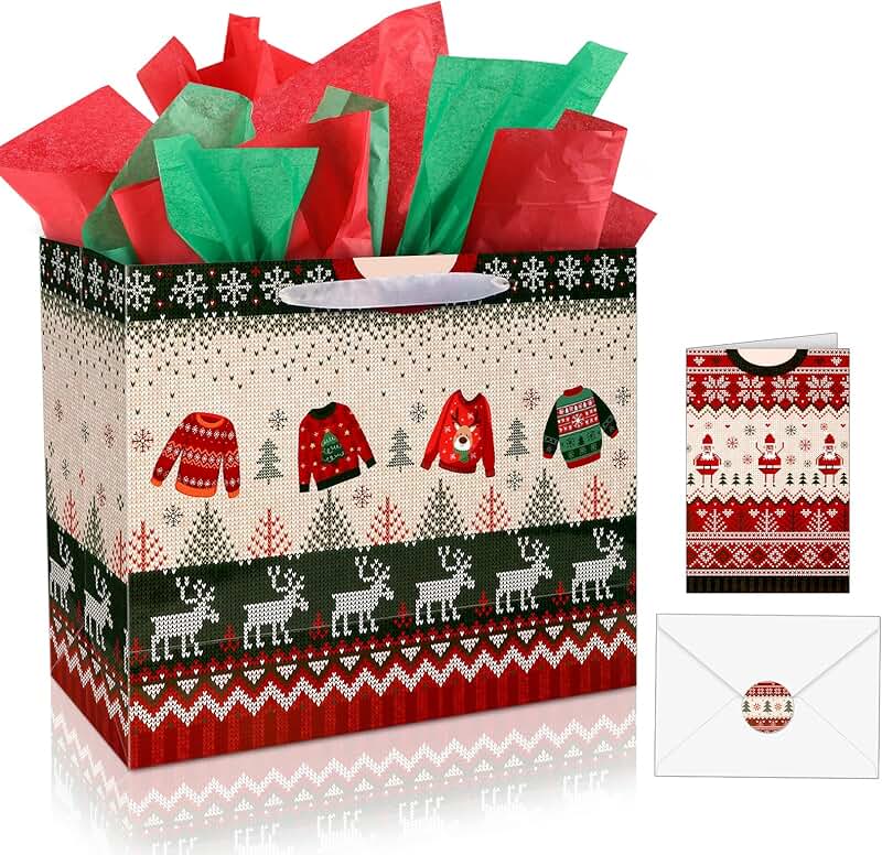 Large 13-inch Christmas Gift Bags with Tissue and Card