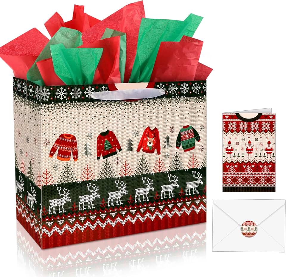Large 13-inch Christmas Gift Bags with Tissue and Card