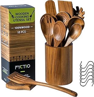 12 Acacia Wooden Cooking Spoons with Holder and Hooks