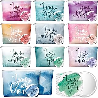 60 Pcs Inspirational Canvas Makeup Bags and Compact Mirrors