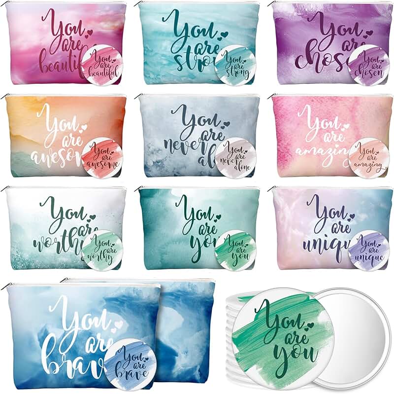 60 Pcs Inspirational Canvas Makeup Bags and Compact Mirrors