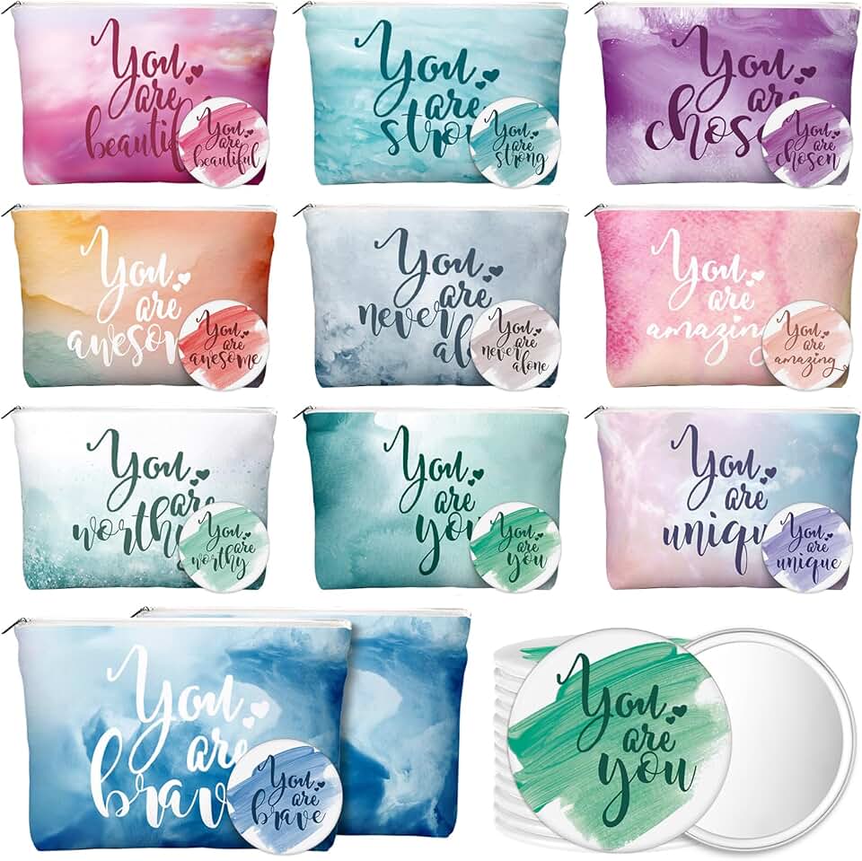 60 Pcs Inspirational Canvas Makeup Bags and Compact Mirrors